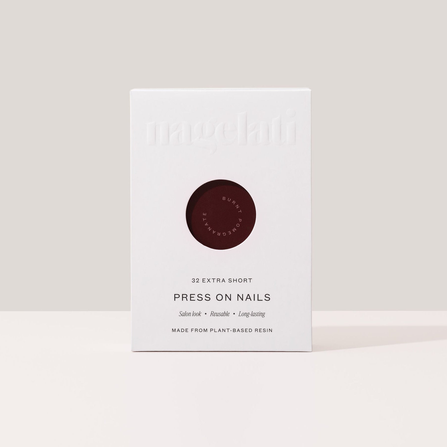 Press-on nails in plastic-free packaging made from FSC-certified paperboard.