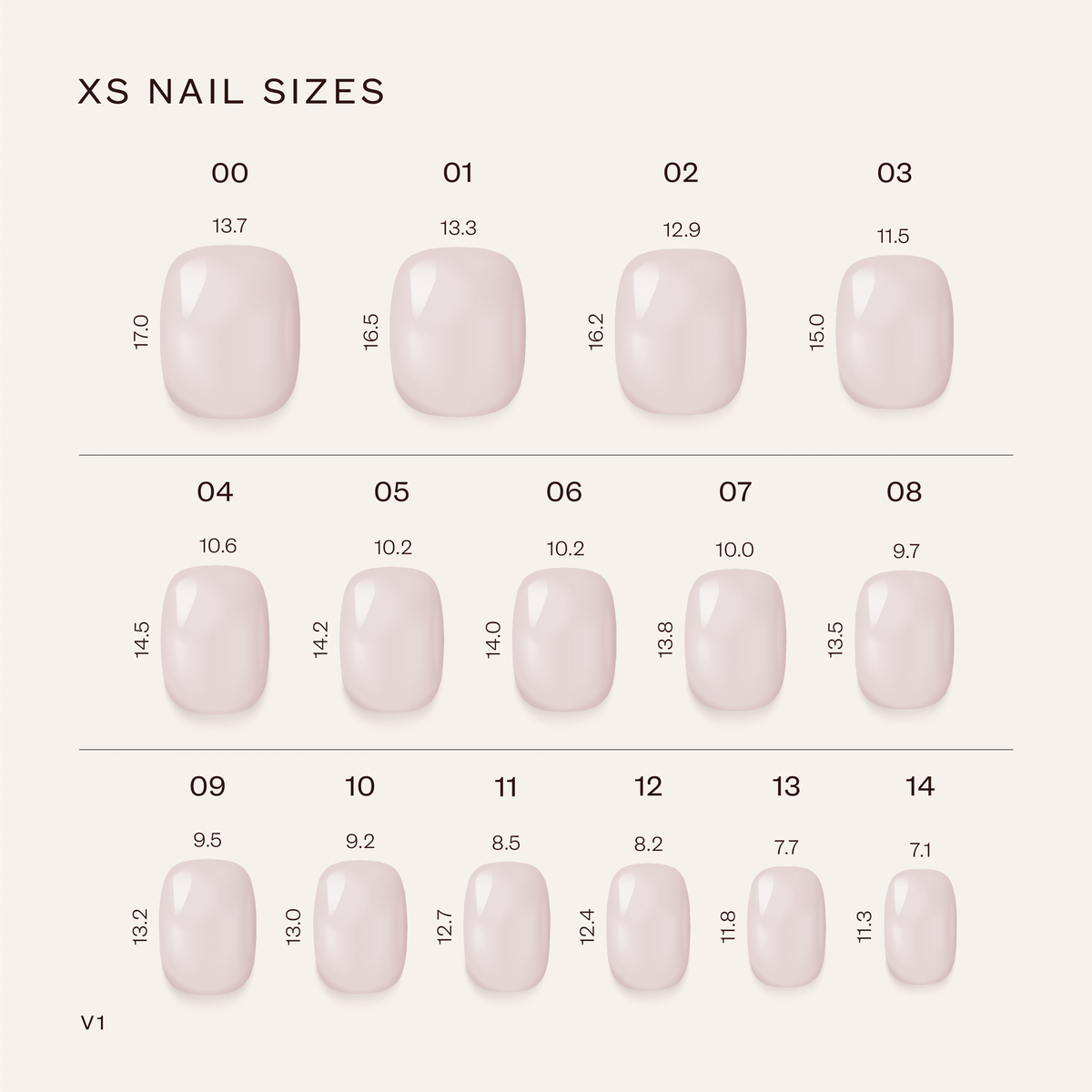 Nail size chart labeled 'XS NAIL SIZES' showing extra short nail sample thumbnails numbered 00 through 14 - Nagelati 