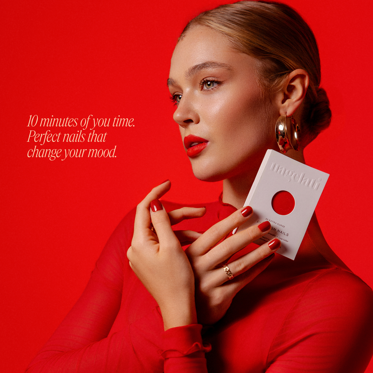 woman red premium presson nails